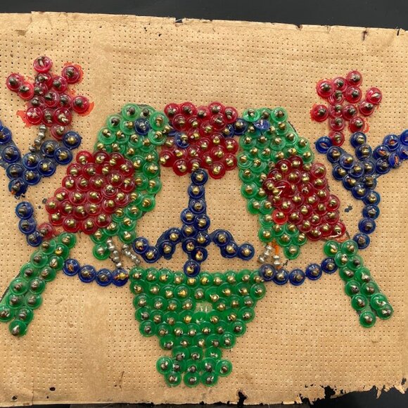 Vintage Plastic Button and Glass Bead Parrots and Flower Paper Backed Picture - Picture 1 of 8